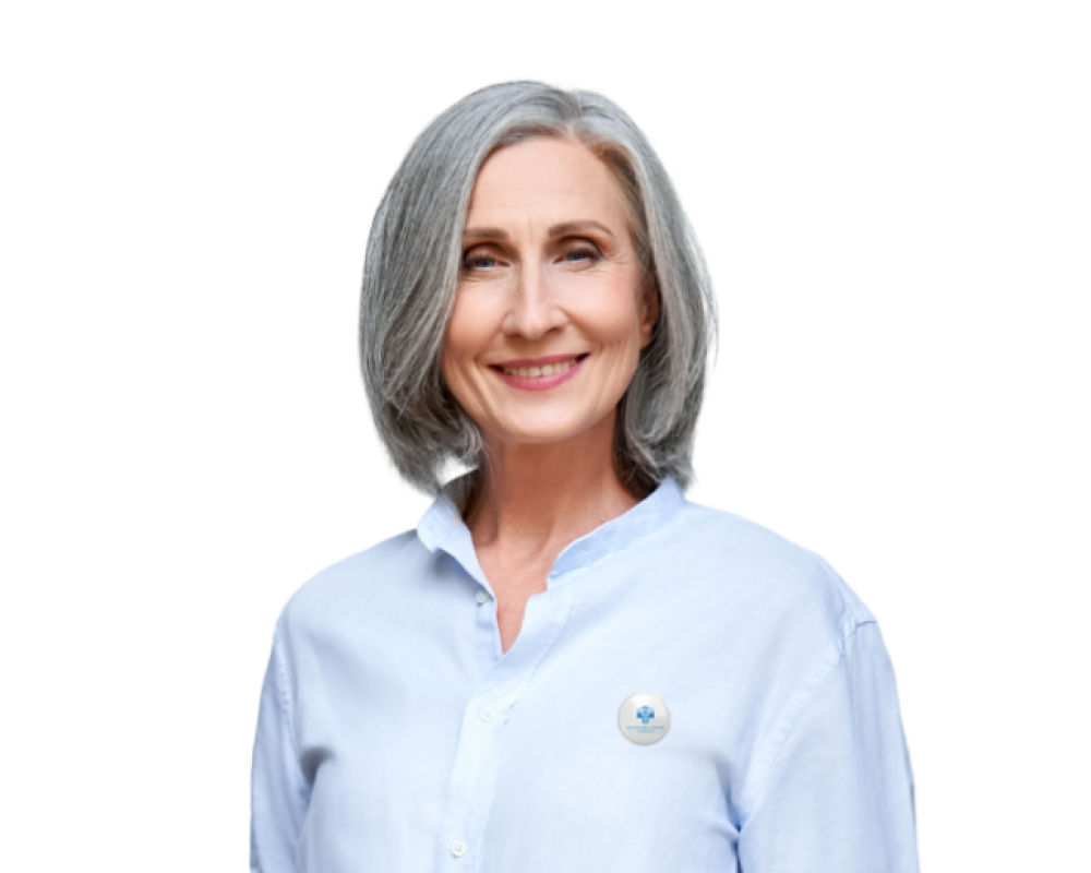 "Smiling senior woman with gray hair, wearing a light blue shirt and a Senior Healthcare Advisors badge."